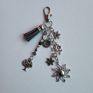 New Silver Charm Keychain Or Purse Charm with Gray Tassel